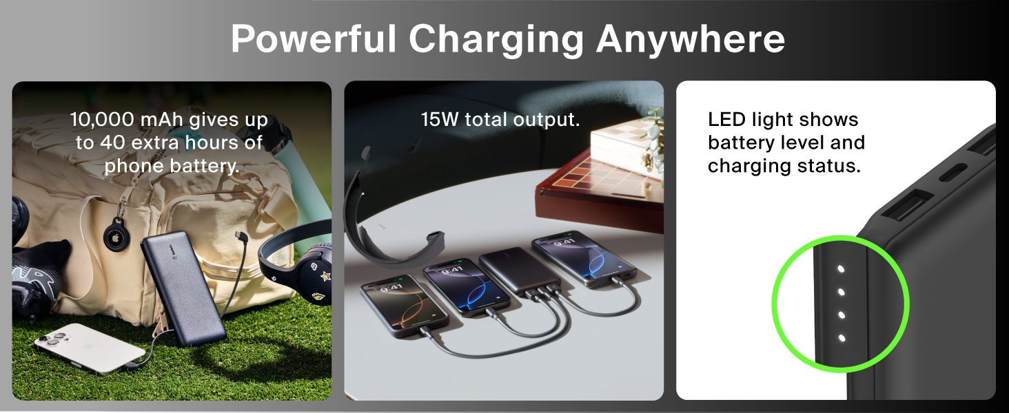 Image of multiple devices using power brick with text reading powerful charging anywhere.