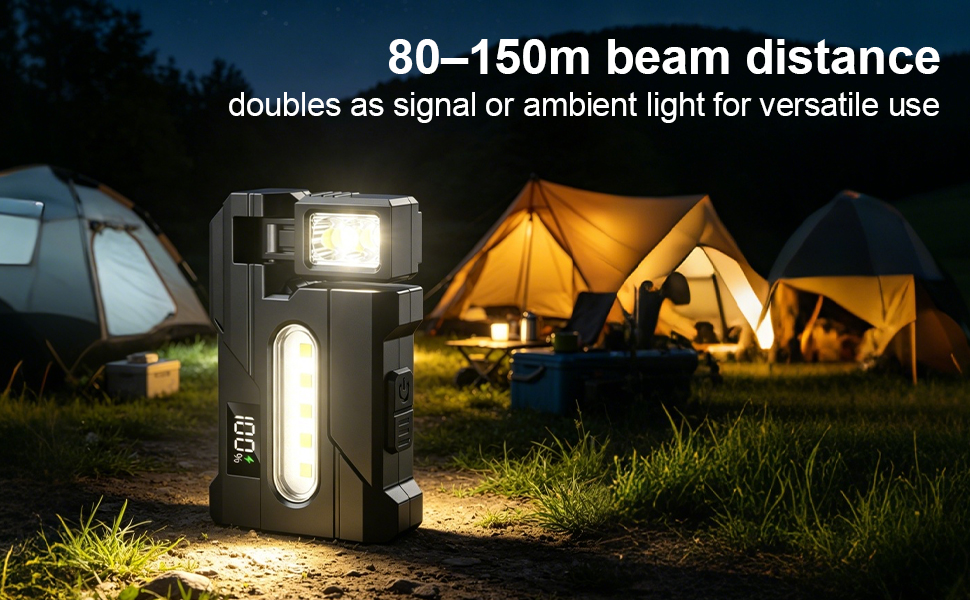 Text reads '90-150m beam distance doubles as night lights ideal for versatile use.' Outdoor solar LED lantern lights with warm amber glow displayed in camping/garden setting at dusk.