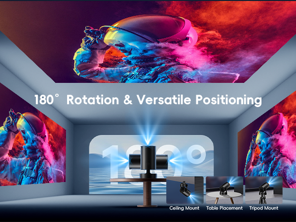 Projector with 180° rotation capability, showcasing versatile mounting options including ceiling, table, and tripod. Colorful projected images on walls demonstrate its positioning flexibility.