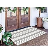 Grey and White Striped Rug 24'' x 51''Outdoor Front Porch Rug Hand-Woven Machine Washable Indoor/...