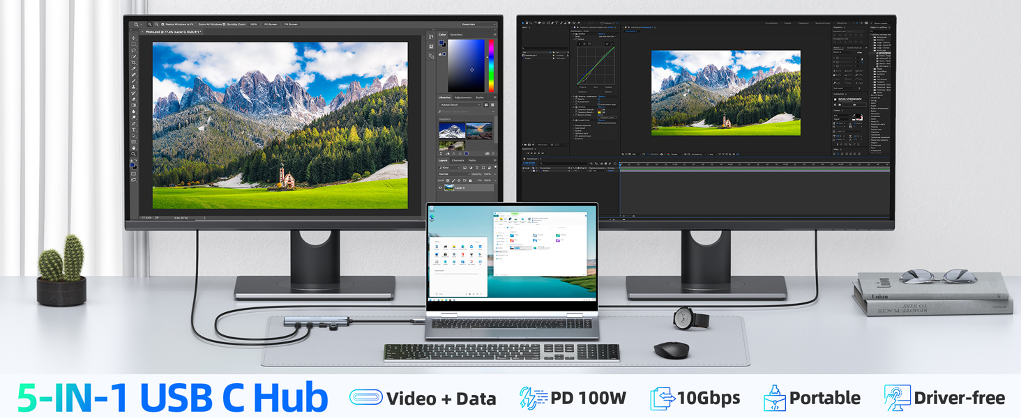 USB C Video Hub USB C to USB C Hub Dual Monitor USB C Splitter with 4K@60Hz Video Output