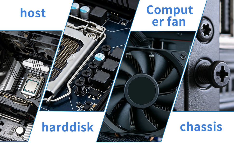 Close-up views of computer components including host, hard disk, fan, and chassis screws.
