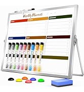 Marsrock Dry Erase White Board with Stand,Double-Sided Weekly Whiteboard 12"x16", 10 Markers, 6 M...
