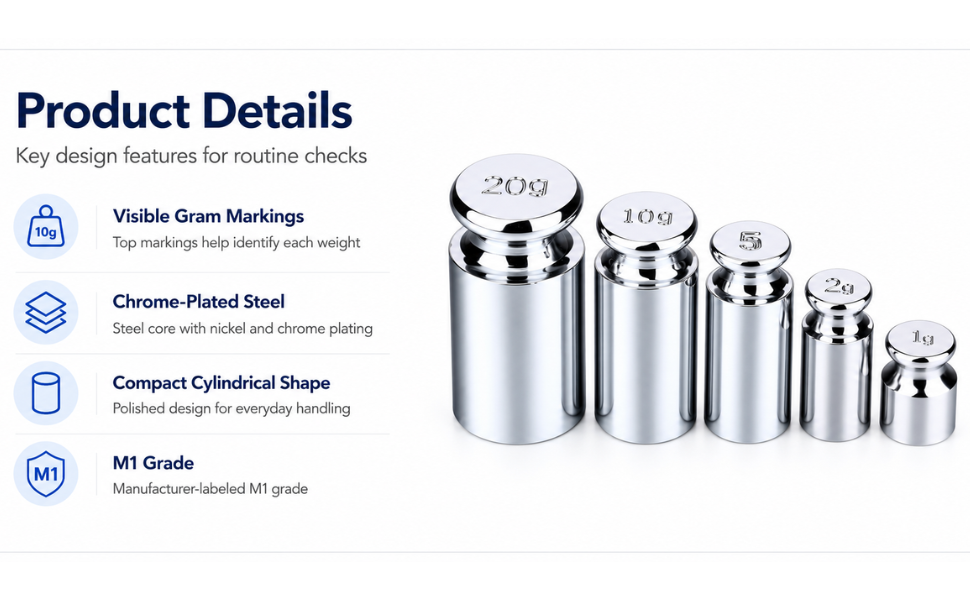 Product details: visible gram markings, chrome-plated steel, cylindrical shape, M1 grade