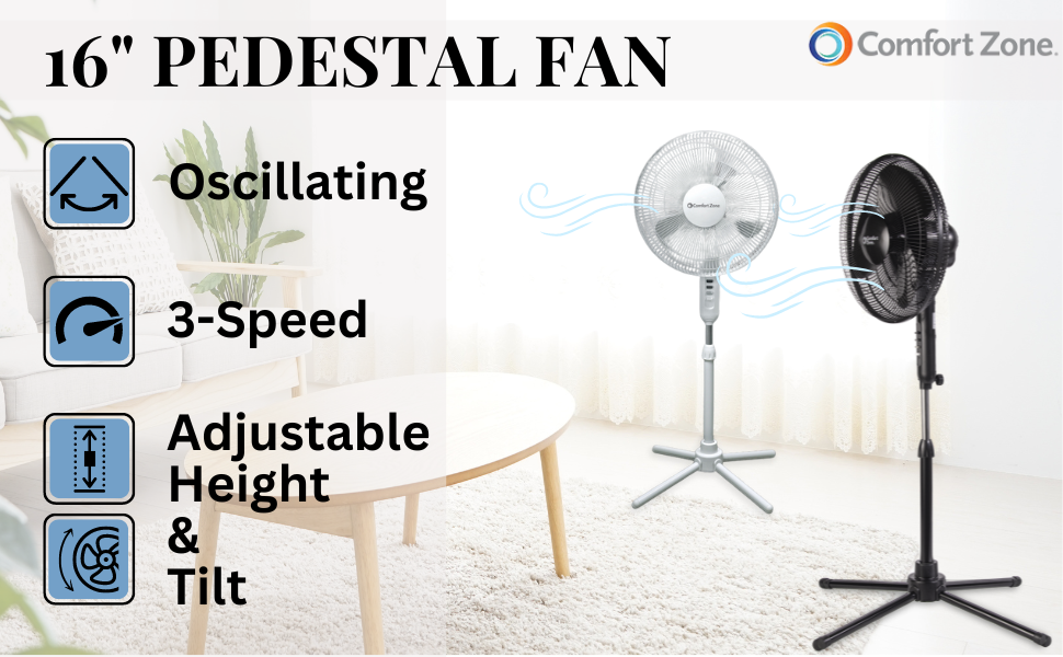 comfort zone 16 inch oscillating pedestal fan black white 3-speed