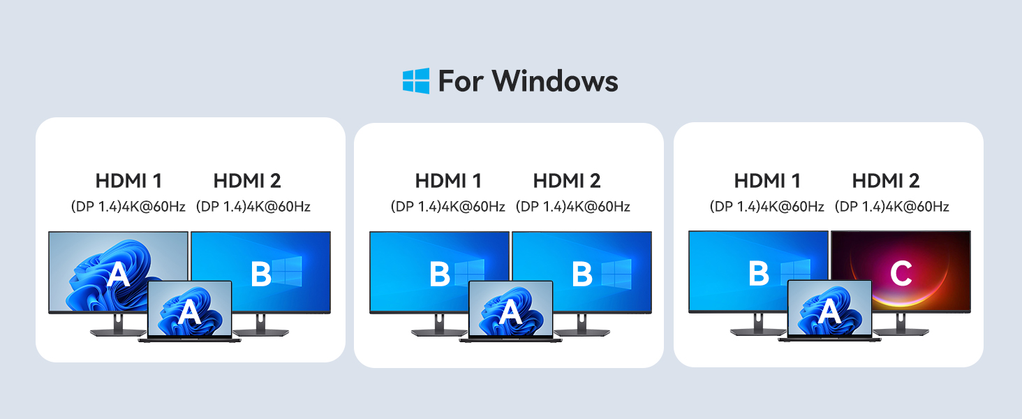 Text reads 'For Windows'. Software interface mockups showing a progression of steps or stages with blue accent colors.