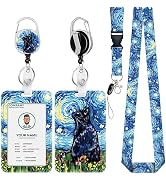Starry Night Cat Lanyards for Id Badges, Funny Black Cat Badge Reel Heavy Duty with Carabiner Cli...