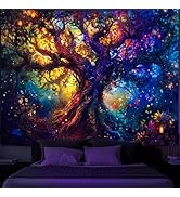 Simpkeely Blacklight Tree of Life Tapestry, Fantasy Forest Fairy Tapestry Nature UV Reactive Colo...