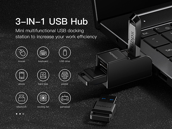 Text reads '3-IN-1 USB HUB'. Dark product photography showing a black USB hub device with multiple ports against a black background.