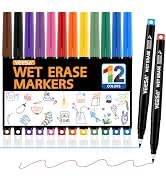 Magnetic Wet Erase Markers, Ultra Fine Tip (0.7mm), Low Odor, 12 Assorted Colors for Whiteboard, ...