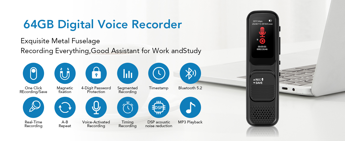 64GB Digital Voice Recorder for Lectures Meetings