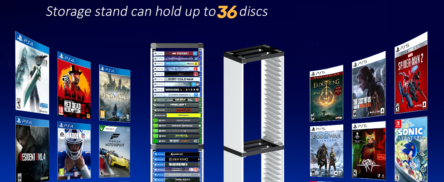 Storage stand can hold up to 36 discs