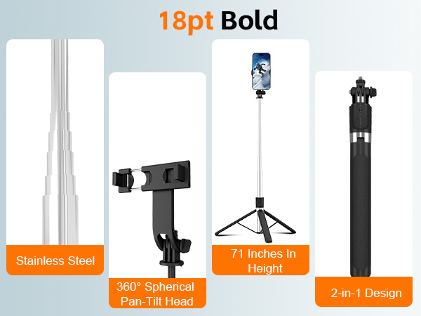 Text reads '18pt Bold' with product labels: 'Stainless Steel', '7" Portable Tripod', '360° Rotational Mini Tripod', '2-in-1 Design'. Image shows five microphone and tripod accessories including stands and a handheld device.