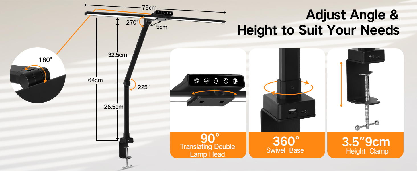Technical diagram showing 'Adjust Angle &amp; Height to Suit Your Needs' with measurements ranging from 35-55cm and multiple adjustment positions illustrated.