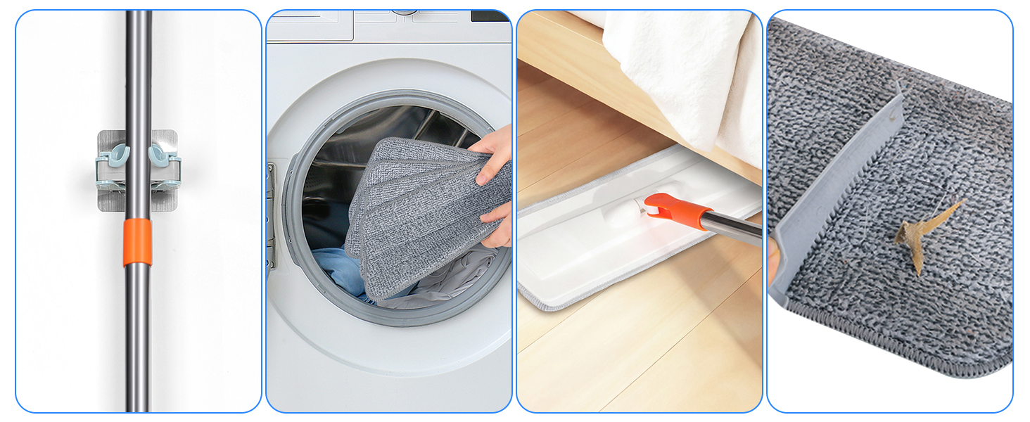 Composite showing fabric care process: zipper detail, washing machine drum, fabric being brushed, and gray upholstery fabric swatch.