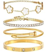 GIVCHO 18K Gold Plated Bangle Bracelet Set for Women Stackable Lucky Floral Adjustable Tennis Bra...