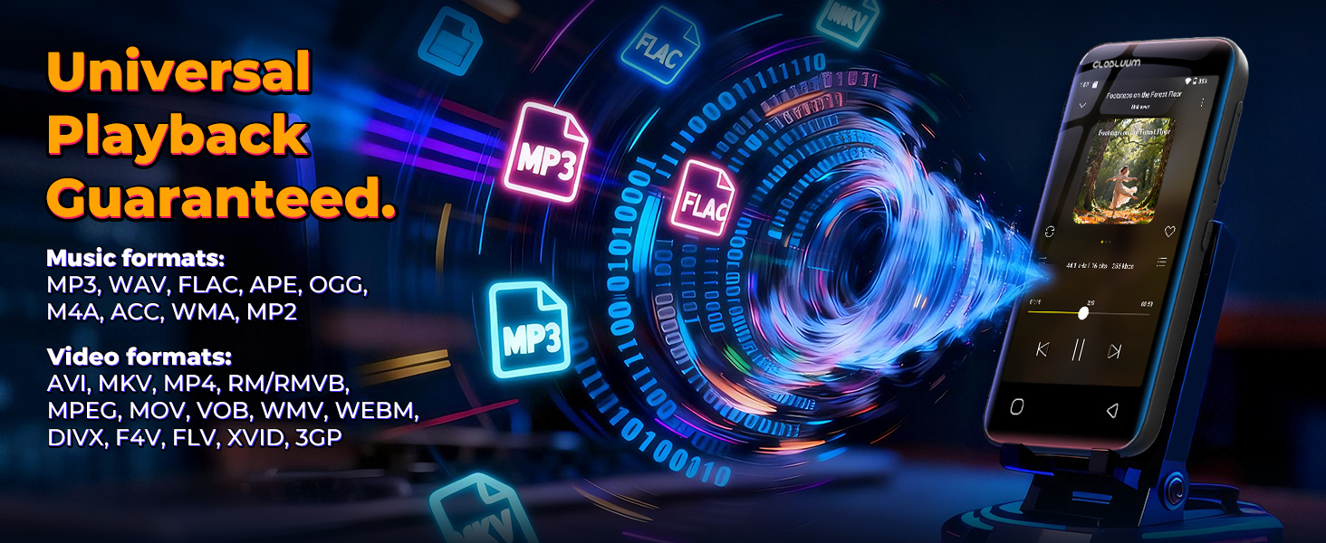 Globluum MP3 player on a stand with animated icons showing support for many music and video formats.