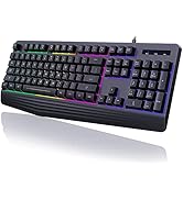 yesbeaut Gaming Keyboard, 7-Color Rainbow LED Backlit, 104 Keys Quiet Light Up Keyboard, Wrist Re...