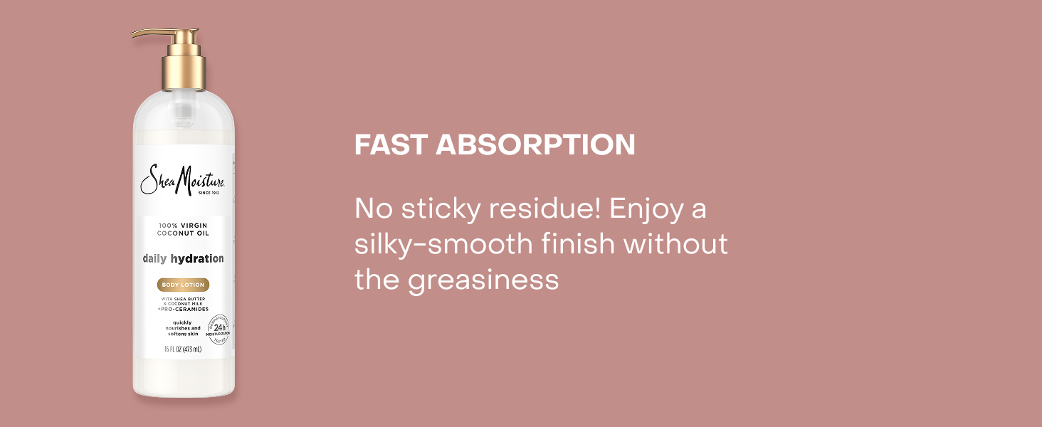 Image of SheaMoisture Body Lotion next to text about fast absorption.