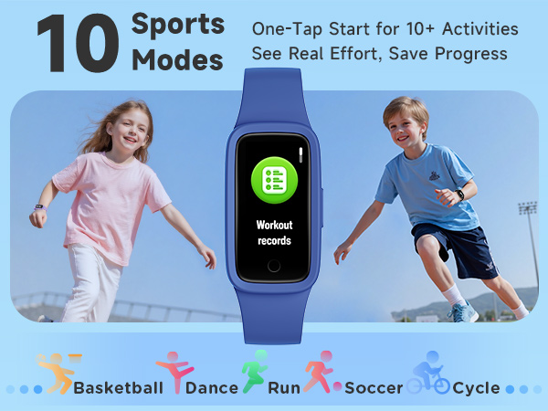 Text reads '10 Sports Modes' 'One-Tap Start for 10+ Activities' 'See Real Effort, Save Progress'. Shows smartwatch interface with activity icons: Basketball, Dance, Run, Soccer, Cycle.
