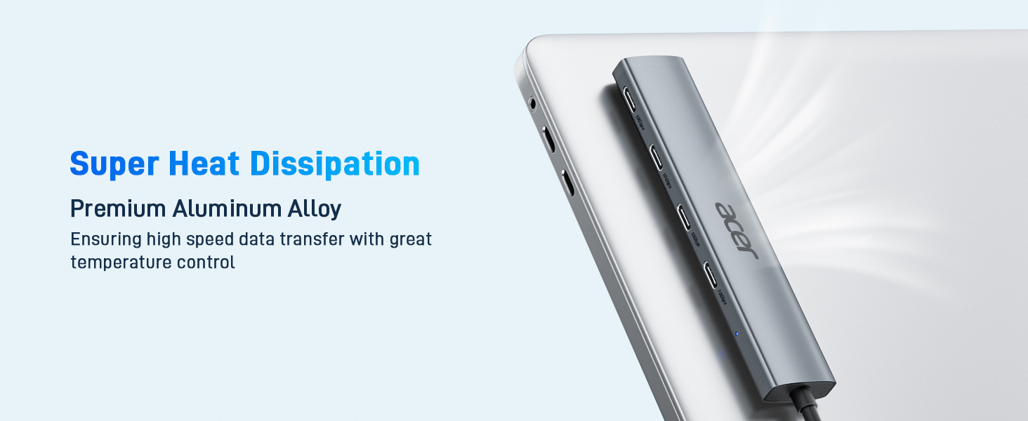 Close-up of a silver metallic device highlighting 'Super Heat Dissipation' feature. Text mentions premium aluminum alloy for temperature control.