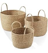 Casafield Set of 3 Braided Seagrass Baskets with Jute Handles - Natural, Woven Storage Basket Pla...