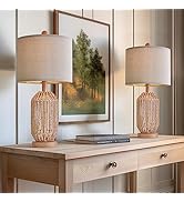 OYEARS 21.5" Farmhouse Boho Rattan Table Lamps Set of 2 Retro Bedside Lamp Natural Brown Twine Ni...
