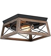 2-Light Black and Wood Flush Mount Ceiling Light with Bronze Wood Grain Farmhouse Ceiling Light f...