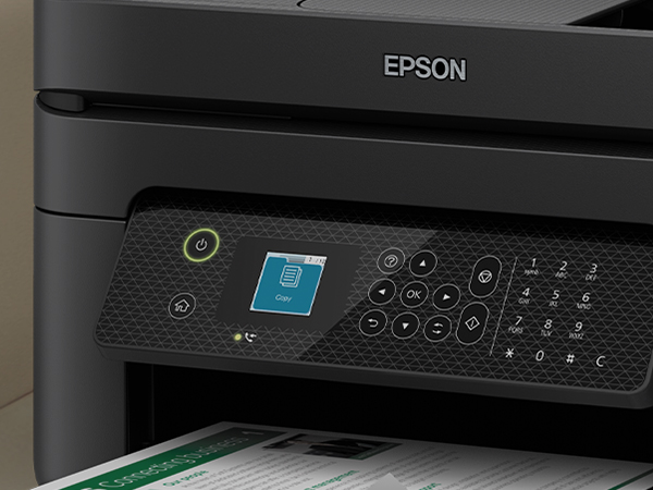 Close-up of WorkForce WF-2930 color display and control panel.