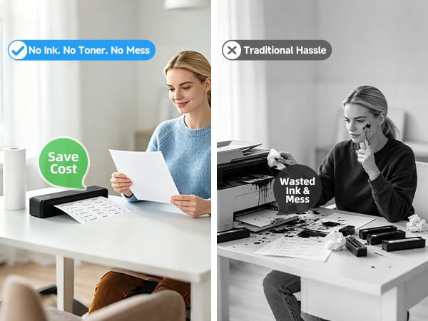 Arrvel A8 inkless thermal printer prints documents without ink, toner, or messy liquid refills