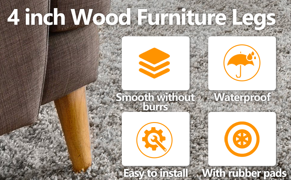 Wood Furniture Legs, 4 inch Solid Wood Sofa Legs Pack of 4 Round Couch Legs
