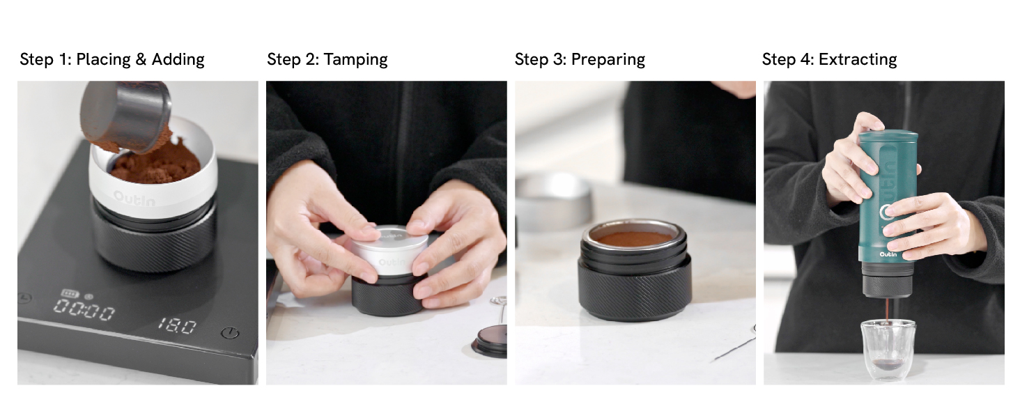 Four-step process for using a product, shown in separate panels. Steps include placing, twisting, pressing, and extending an object.