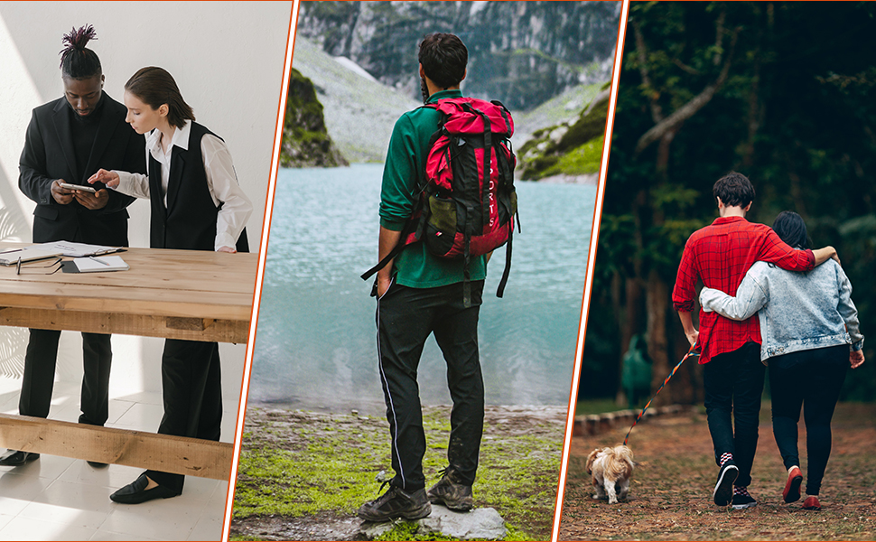 Composite image showing three panels: left panel displays two people at a wooden table indoors; center panel shows person wearing red backpack standing near water and mountains; right panel shows people in red clothing on a forest path with a dog.
