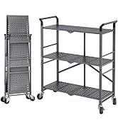 3 Tier Utility Carts - Folding Metal Rolling Cart with Wheels for Kitchen Office Garage Storage, ...