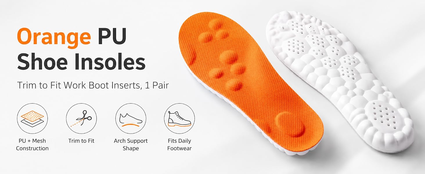 Orange PU shoe insoles with mesh top and white cushion base, trim-to-fit 1 pair