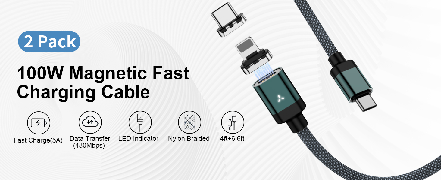 100W 2 in 1 Magnetic USB C Charging Cable