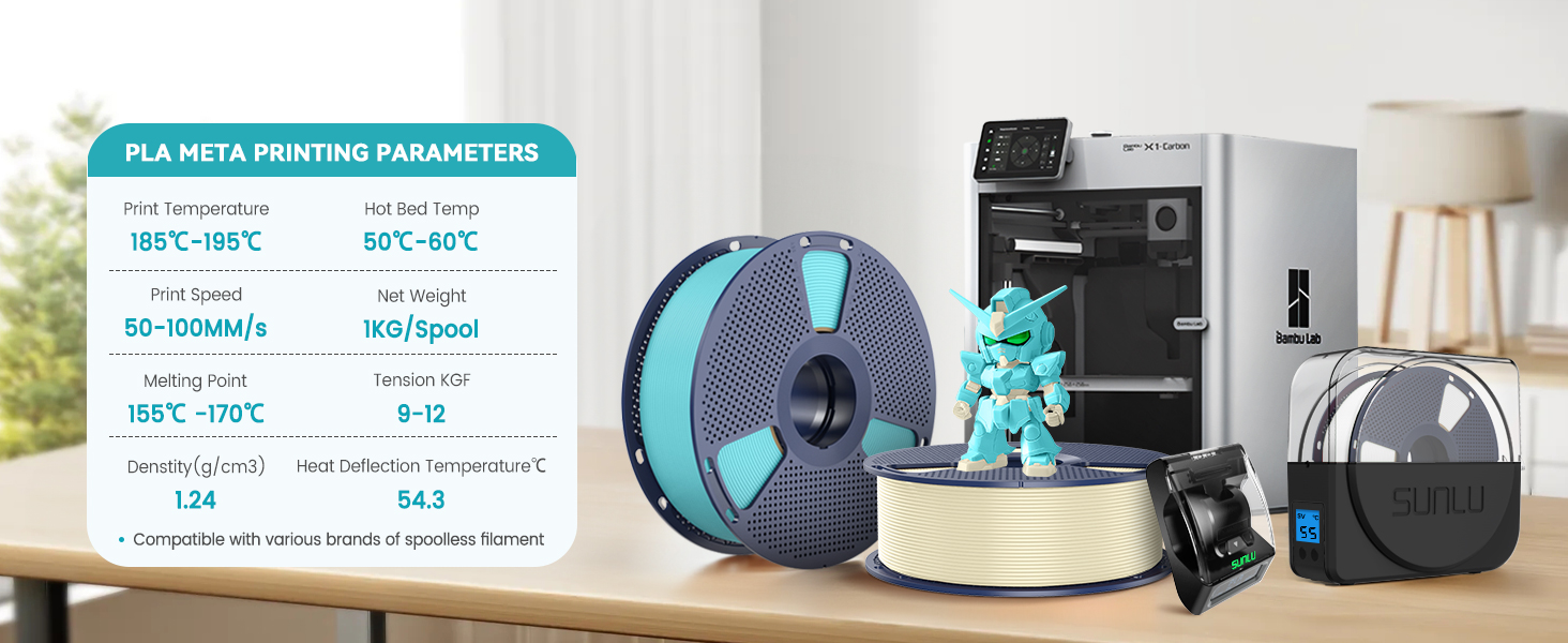 3D printer filament spool in teal and navy, displayed with printing parameters chart, printer, and accessories on wooden surface. Chart shows temperature and speed settings for PLA material.