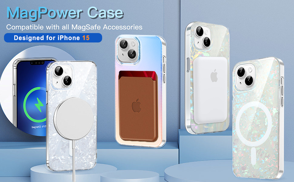 iphone 15 magsafe women girl case bling opal pearly shiny with 1 iPhone 15 screen protector