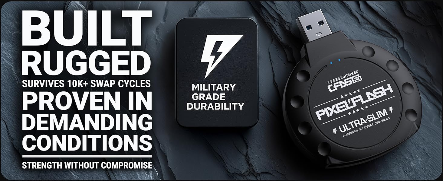 Black PixelFlash Classic USB CFast reader adapter, military grade durability, 10K swap cycles tested