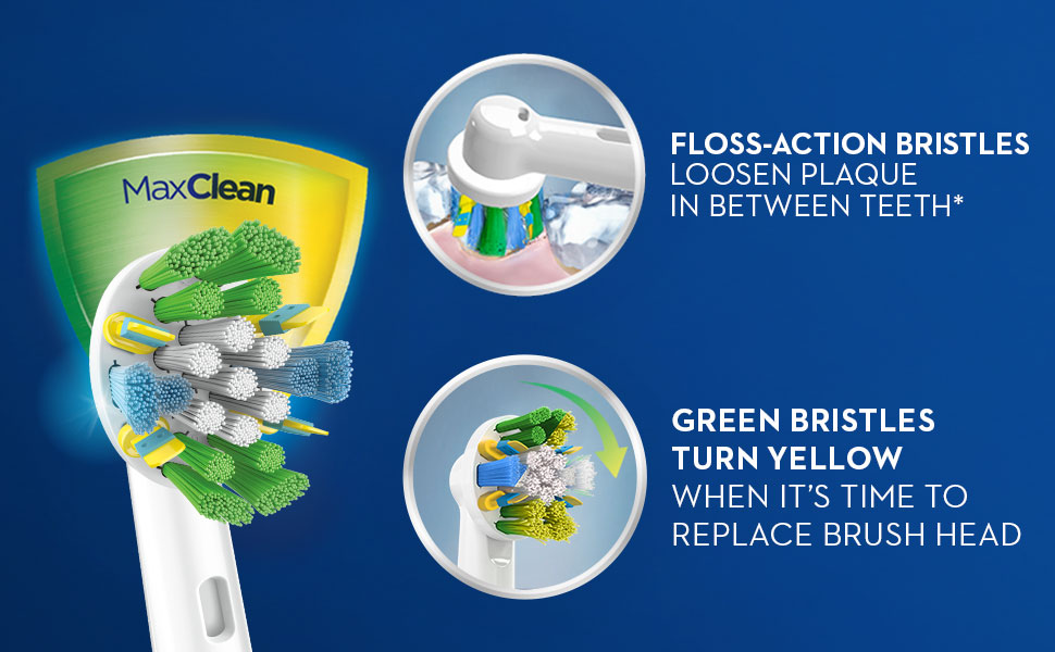 Oral-B FlossAction bristles loosen plaque between teeth and turn yellow when it's time to change