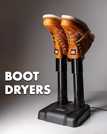 A pair of work boots drying on a boot dryer