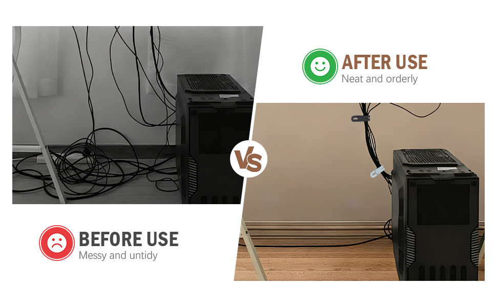 Messy Cables (Left) vs. Neat Organized Cables (Right) Secured with Silicone Cable Ties