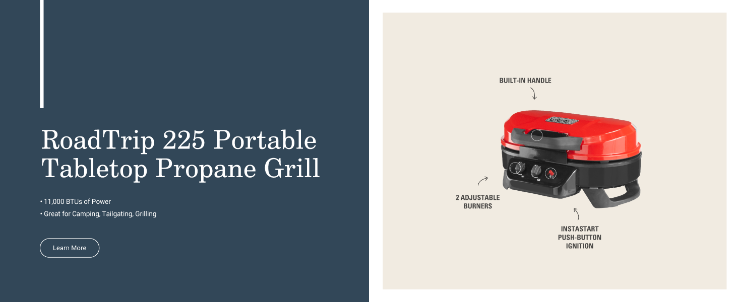 coleman roadtrip 225 portable tabletop propane grill red handle adjustable burner power tailgate