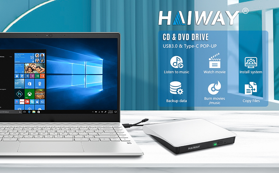 USB 3.0 USB-C External CD/DVD Drive for Laptop