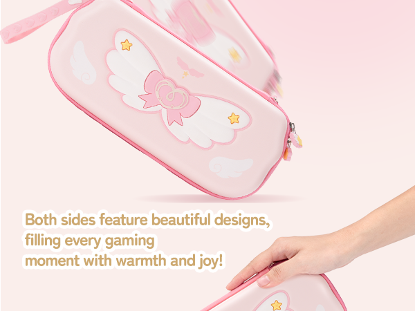 Text reads 'Both sides feature beautiful designs, filling every pattern with moments with warmth and joy!' Pink-tinted product images showing decorative patterns and designs.