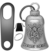 Silver bell-shaped motorcycle guardian bell with embossed angel design and 'RIDE SAFELY LOVE YOU' text. Includes keyring, mounting bracket, and storage pouch.