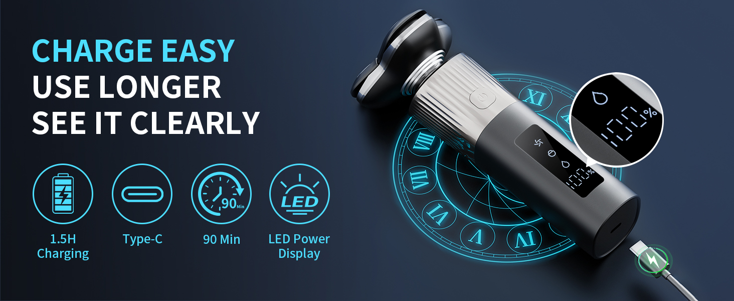Rechargeable Electric Razor for Men: IPX7 Waterproof 5D Floating Head Shaver - 90-Min Runtime USB-C