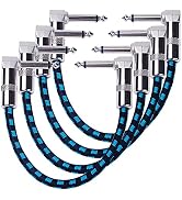 6 Inch Guitar Patch Cable with 1/4" Right Angle Plugs, Black and Blue Tweed Woven Jacket (4-Pack)