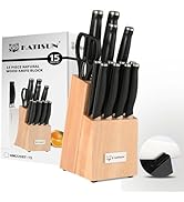KATISUN 15-Piece Kitchen Knife Set with Block, ABS Ergonomic Handle for Chef Knife Set and Serrat...