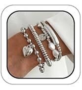 Lcineic Vintage Heart Tube Coin Silver Beaded Bracelet for Women, Chunky Bead Stack Stretch Link ...